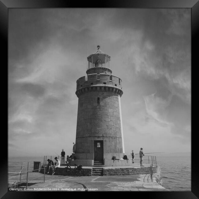 Close up of Guernsey Lighthouse in black and white Framed Print by Ann Biddlecombe