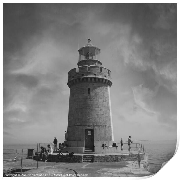Close up of Guernsey Lighthouse in black and white Print by Ann Biddlecombe