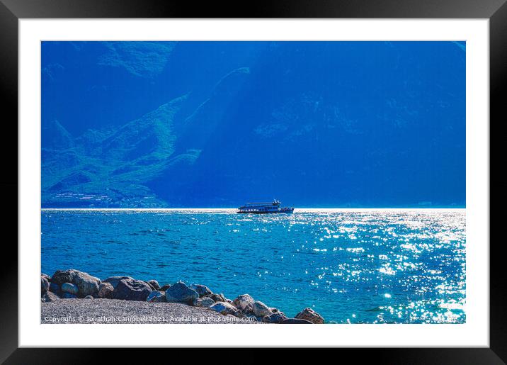 Limone Sul Garda - Lake view with boat Framed Mounted Print by Jonathan Campbell