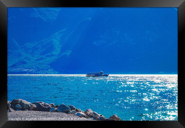 Limone Sul Garda - Lake view with boat Framed Print by Jonathan Campbell
