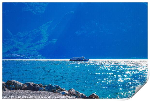 Limone Sul Garda - Lake view with boat Print by Jonathan Campbell