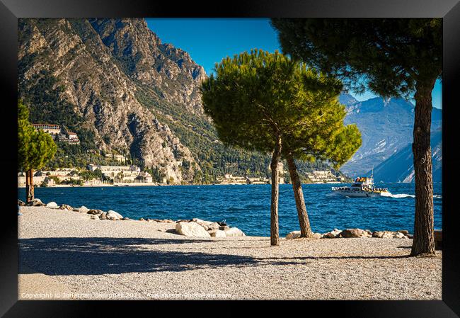 Limone Sul Garda - Beach view with boat Framed Print by Jonathan Campbell