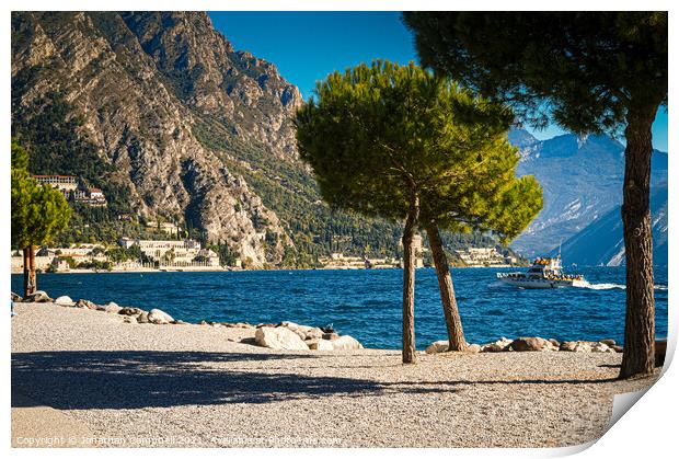 Limone Sul Garda - Beach view with boat Print by Jonathan Campbell