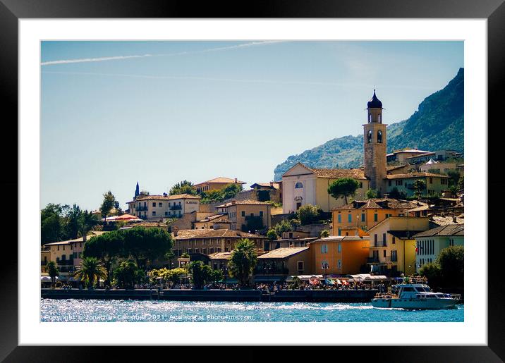 Limone Sul Garda - Lake view with building and boat Framed Mounted Print by Jonathan Campbell