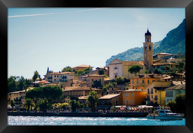 Limone Sul Garda - Lake view with building and boat Framed Print by Jonathan Campbell