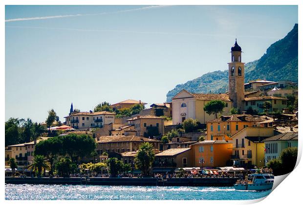 Limone Sul Garda - Lake view with building and boat Print by Jonathan Campbell