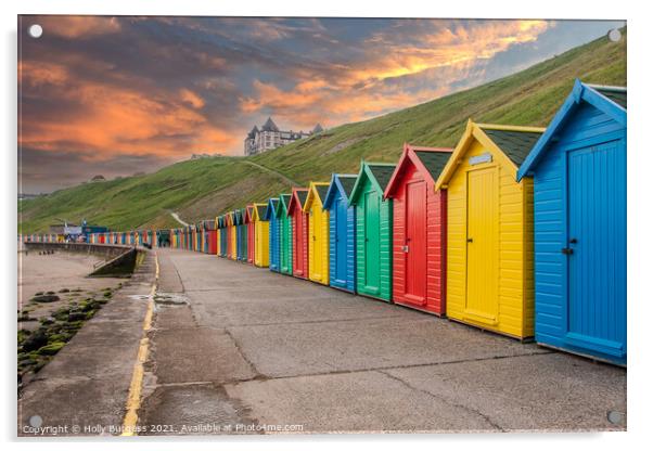 Whitby's Colourful Beach Huts at Sunset Acrylic by Holly Burgess