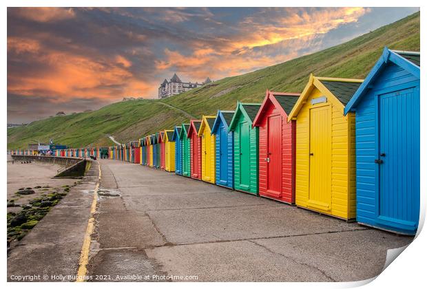 Whitby's Colourful Beach Huts at Sunset Print by Holly Burgess