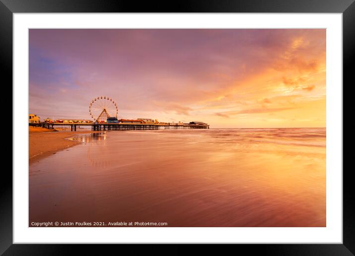 Blackpool Pier and beach at sunset, Blackpool Framed Mounted Print by Justin Foulkes