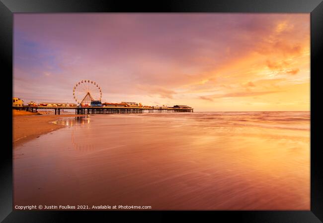 Blackpool Pier and beach at sunset, Blackpool Framed Print by Justin Foulkes