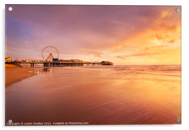 Blackpool Pier and beach at sunset, Blackpool Acrylic by Justin Foulkes