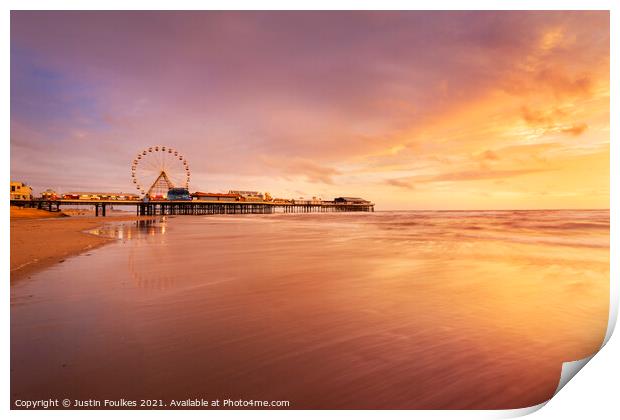 Blackpool Pier and beach at sunset, Blackpool Print by Justin Foulkes