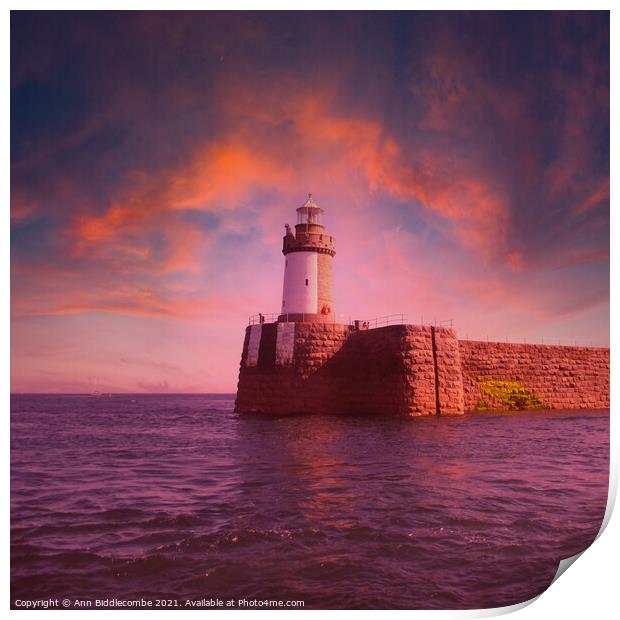Guernsey Lighthouse from the sea Print by Ann Biddlecombe