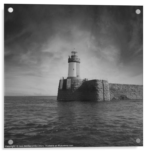 Guernsey Lighthouse from the sea in black and whit Acrylic by Ann Biddlecombe