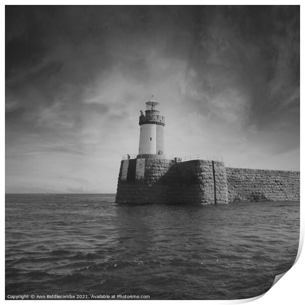 Guernsey Lighthouse from the sea in black and whit Print by Ann Biddlecombe