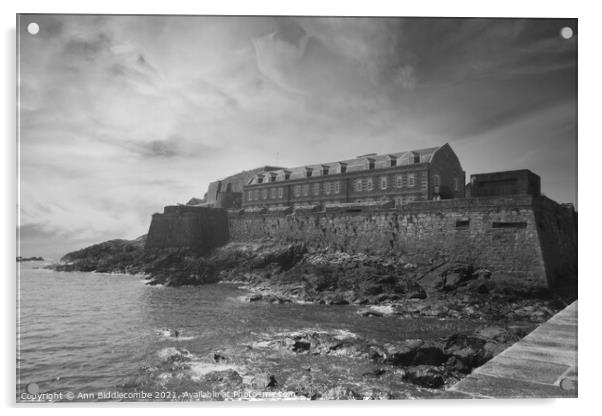 Castle Cornet in Guernsey in monochrome Acrylic by Ann Biddlecombe