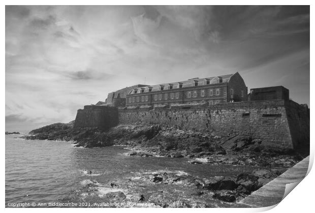 Castle Cornet in Guernsey in monochrome Print by Ann Biddlecombe