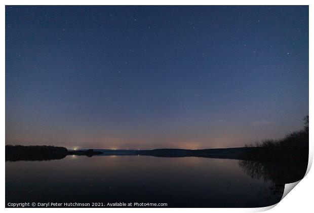 Constellations stars and sky over a calm reservoir Print by Daryl Peter Hutchinson
