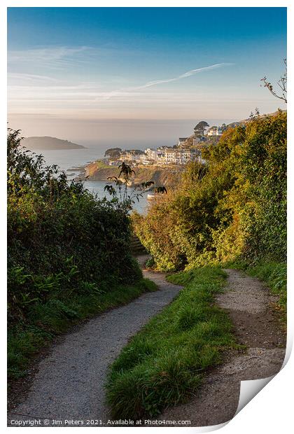 Coast path at Looe in the early morning light with  Looe island  Print by Jim Peters