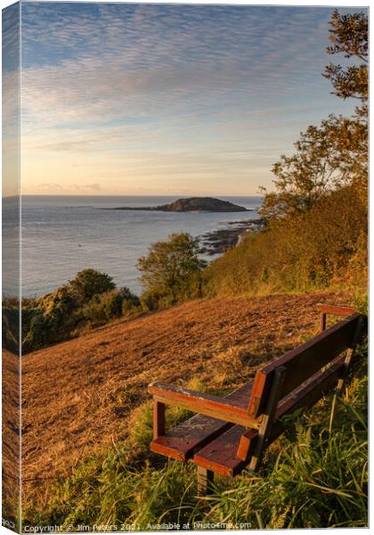 Wooden bench overlooking Looe bay & Looe island in the early morning sun Canvas Print by Jim Peters