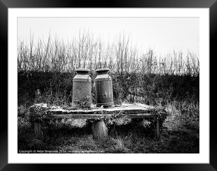 Rusted Vintage Milk Churns On A Wooden Platform Framed Mounted Print by Peter Greenway