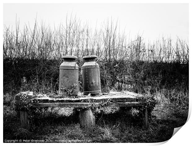 Rusted Vintage Milk Churns On A Wooden Platform Print by Peter Greenway