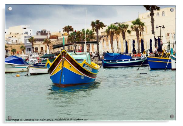 Moored boats in Marsaxlokk Bay  Acrylic by Christopher Kelly