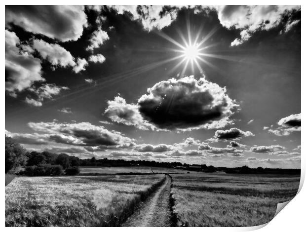 Sun bursting through clouds, black and white. Print by mark humpage