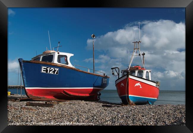 Brightly Coloured Boats at Beer, Devon Framed Print by Paul F Prestidge
