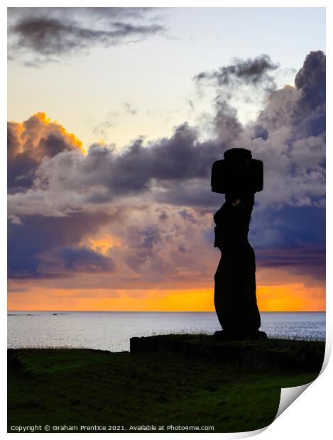Easter Island Statue at Sunset Print by Graham Prentice