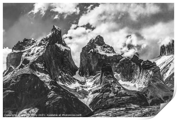 Black White Paine Horns Torres del Paine National Park Chile Print by William Perry