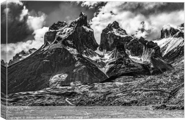 Black White Pehoe Lake Paine Horns Torres del Paine National Par Canvas Print by William Perry