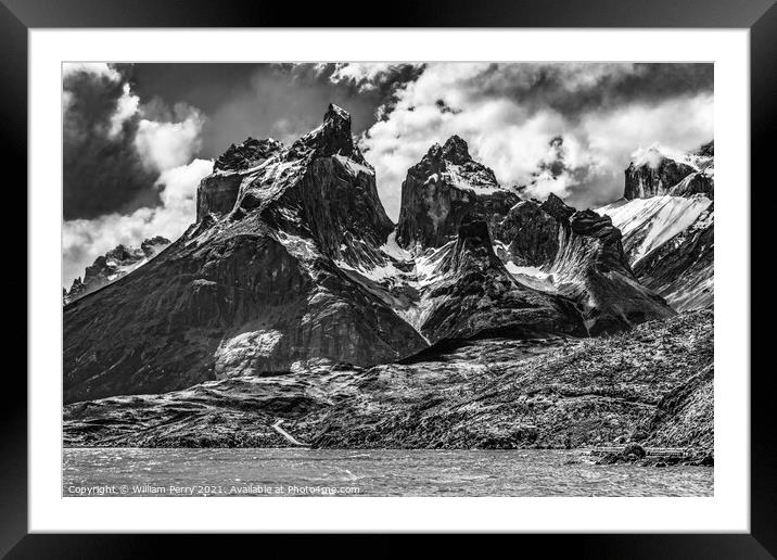 Black White Pehoe Lake Paine Horns Torres del Paine National Par Framed Mounted Print by William Perry