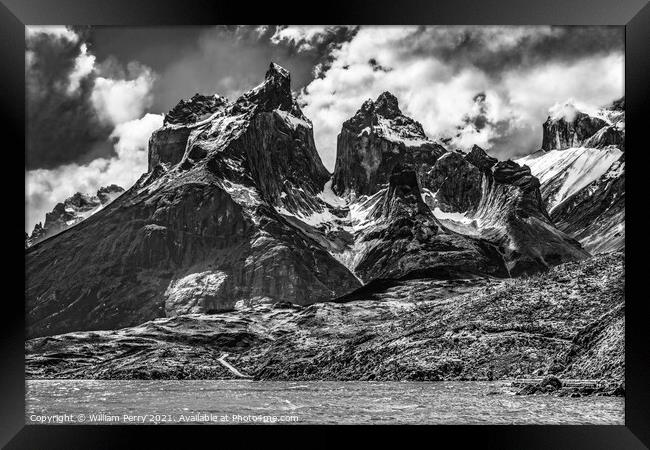 Black White Pehoe Lake Paine Horns Torres del Paine National Par Framed Print by William Perry