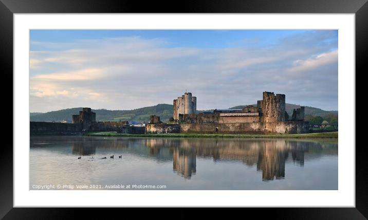 Caerphilly Castle Dawn Reflection. Framed Mounted Print by Philip Veale