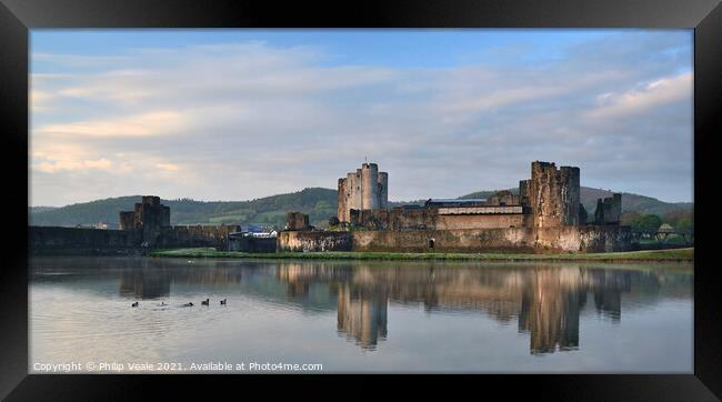 Caerphilly Castle Dawn Reflection. Framed Print by Philip Veale