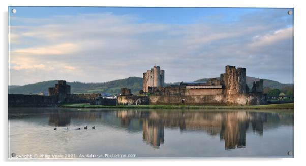 Caerphilly Castle Dawn Reflection. Acrylic by Philip Veale