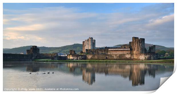 Caerphilly Castle Dawn Reflection. Print by Philip Veale