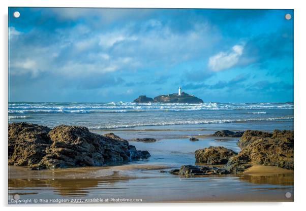 Godrevy Lighthouse, Gwithian, Hayle, Cornwall, Eng Acrylic by Rika Hodgson