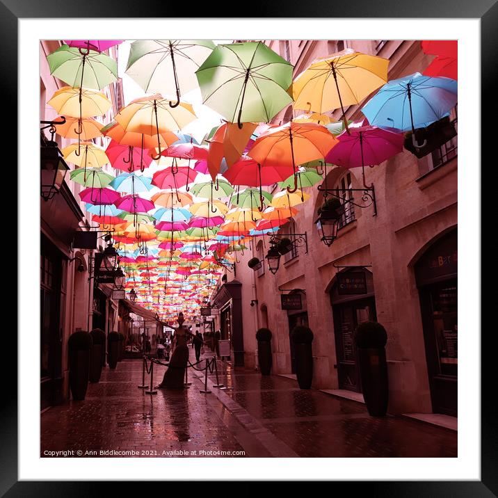 Umbrella street in Paris Framed Mounted Print by Ann Biddlecombe