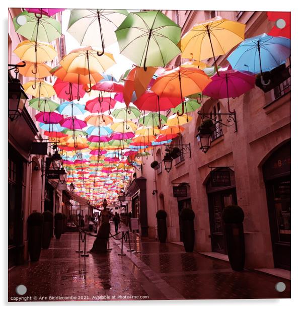 Umbrella street in Paris Acrylic by Ann Biddlecombe