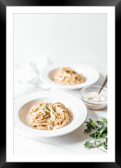 Cheesy Carbonara Spaghetti Italian Pasta Framed Mounted Print by Radu Bercan