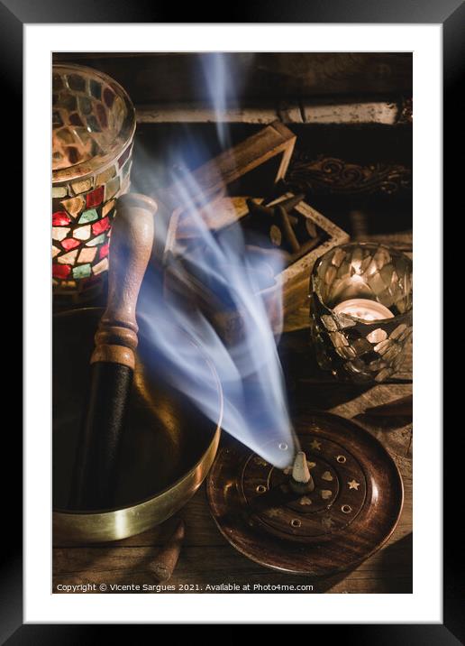 Incense cone, bowl and lights Framed Mounted Print by Vicente Sargues