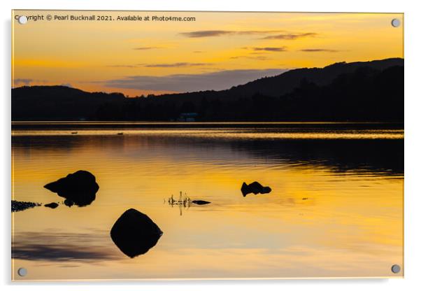Golden Sunset on Coniston Water Lake District Acrylic by Pearl Bucknall