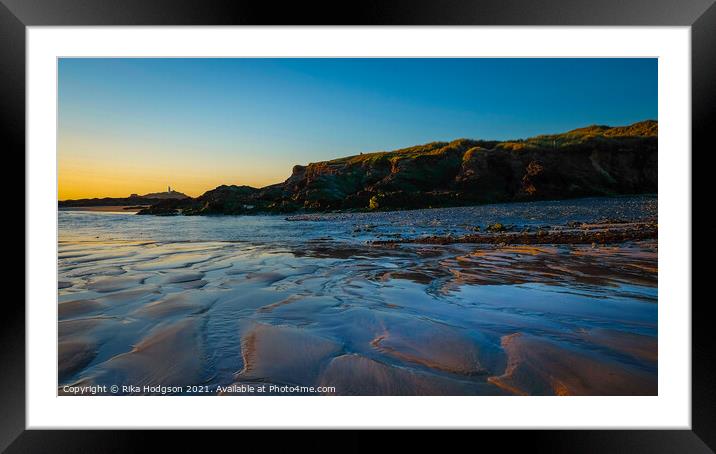 Sunset of the wet Gwithian sands, Godrevy, Hayle Cornwall, England Framed Mounted Print by Rika Hodgson