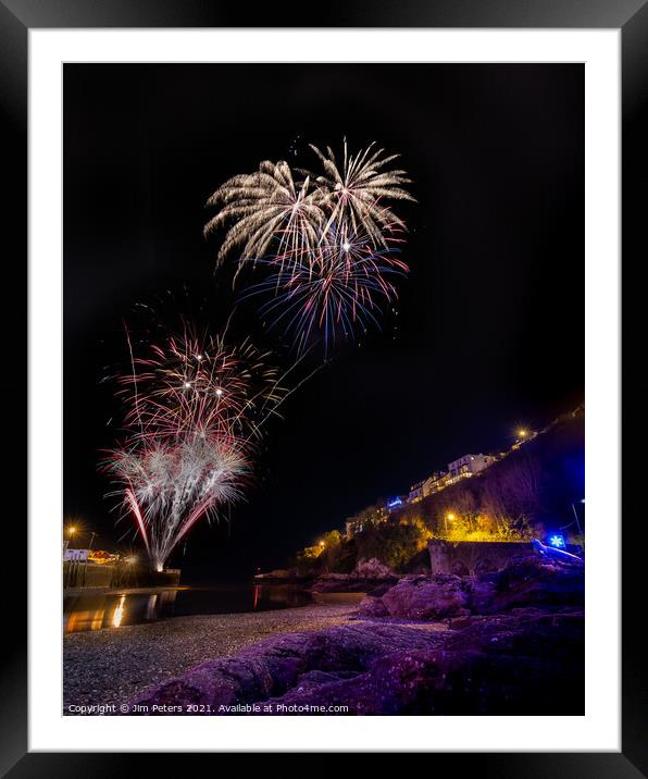 Looe fireworks from within the harbour Framed Mounted Print by Jim Peters