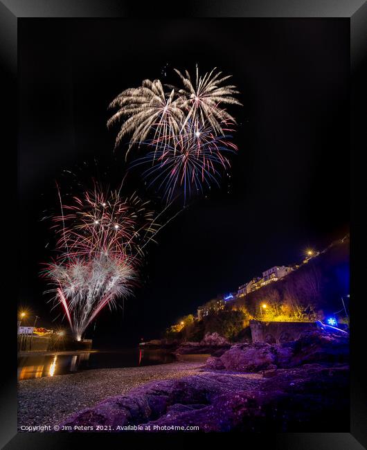 Looe fireworks from within the harbour Framed Print by Jim Peters