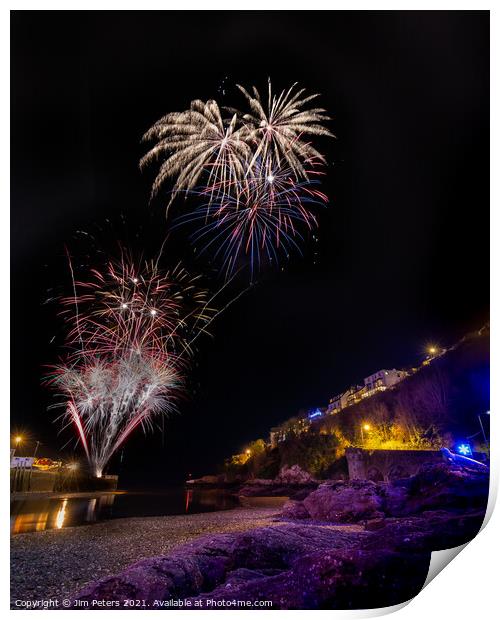 Looe fireworks from within the harbour Print by Jim Peters