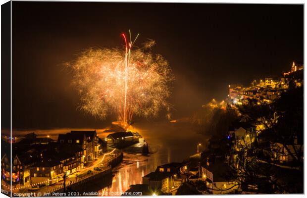 Looe Fireworks from the Banjo pier in the night sky Canvas Print by Jim Peters