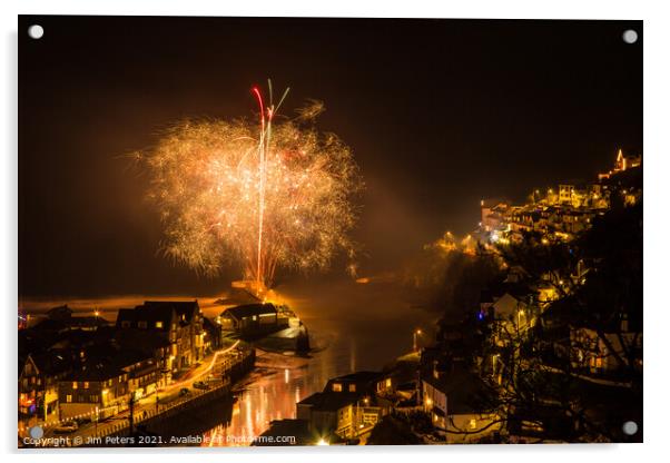 Looe Fireworks from the Banjo pier in the night sky Acrylic by Jim Peters